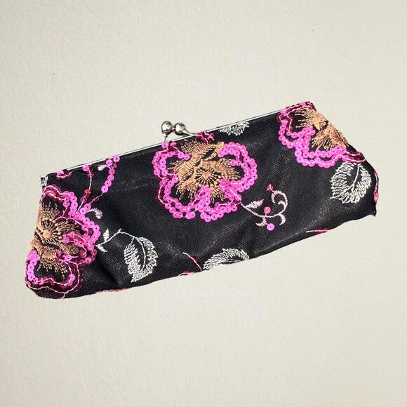 Black pink sequin floral embroidered clutch with crossbody strap whimsigoth - Picture 1 of 6